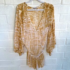 Tiare Hawaii Gold White Romper Tie Dye Flowy V neck Dress size One Size